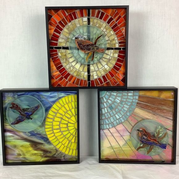 Hand Crafted Other - 3 Original 1999 Janice Schmidt Mosaic Birds Wall Art - Signed